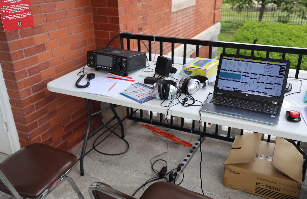 Amateur radio operations set up on the porch of the Franklin County Courthouse during a past Field Day
